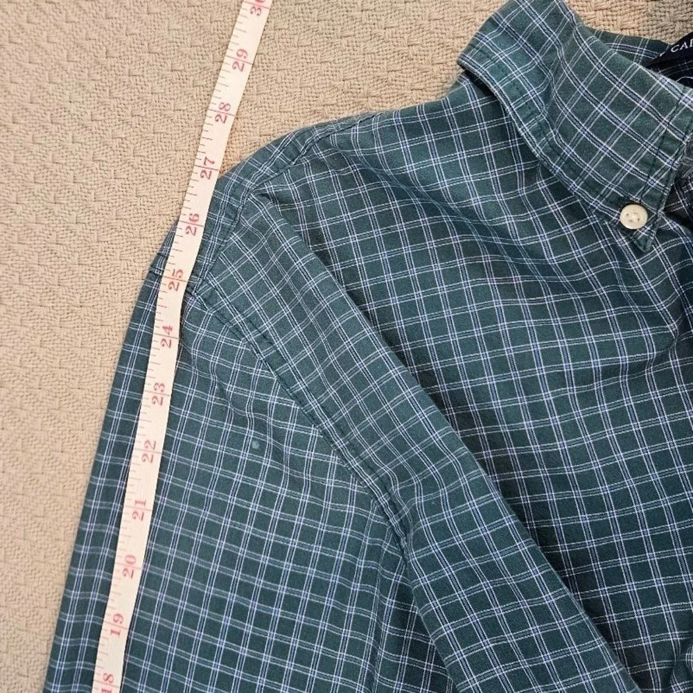 Chaps Mens Large Green Blue Grid Check Easy Care Button Down Shirt Long Sleeve